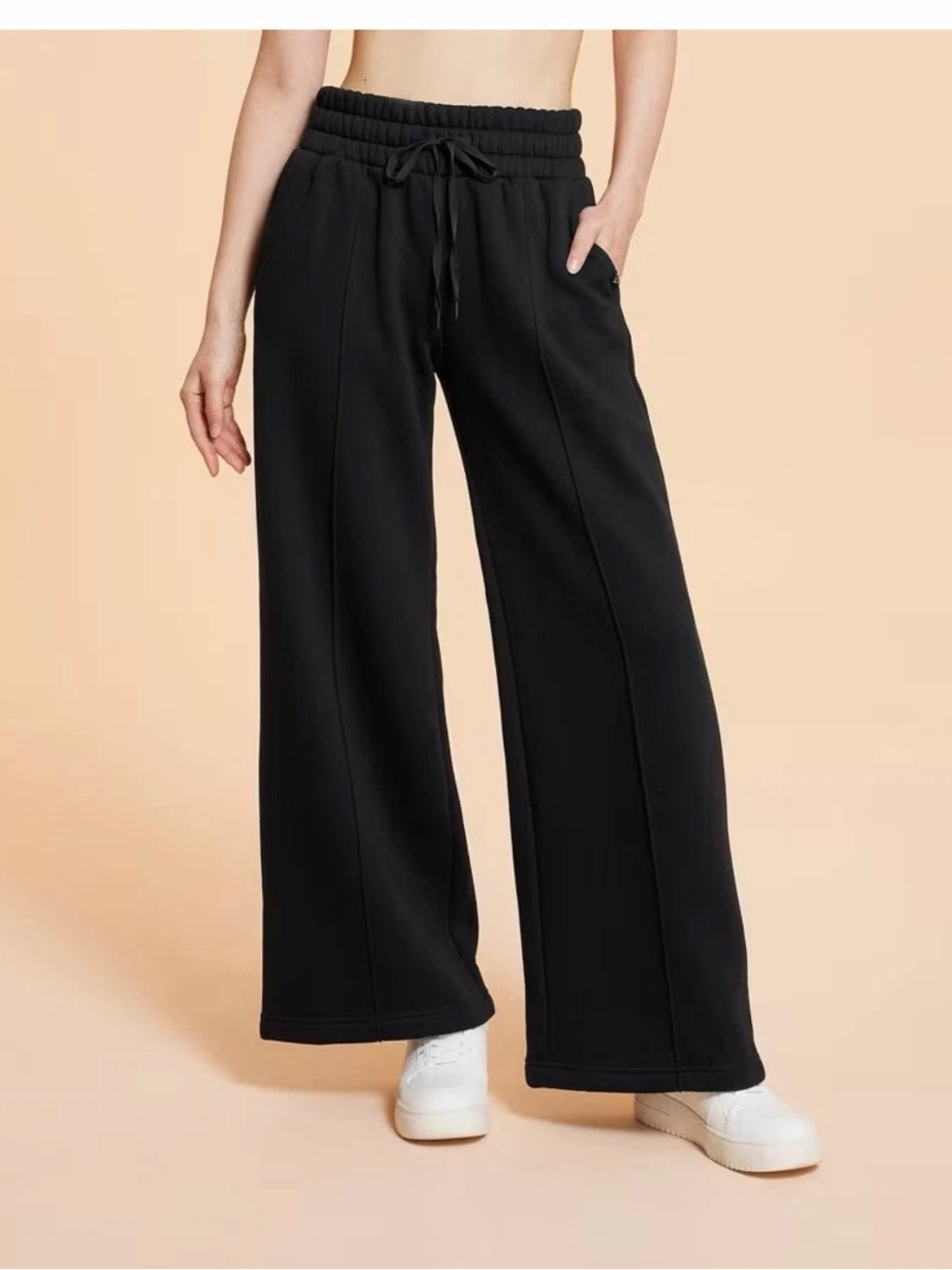 Blogilates Women's Black Wide-Leg Knit Sweatpants Pockets Drawstring L
